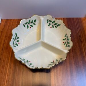 Lenox Holiday 3-Section Serving Bowl – Gold Trim, Holly Design, New in Box